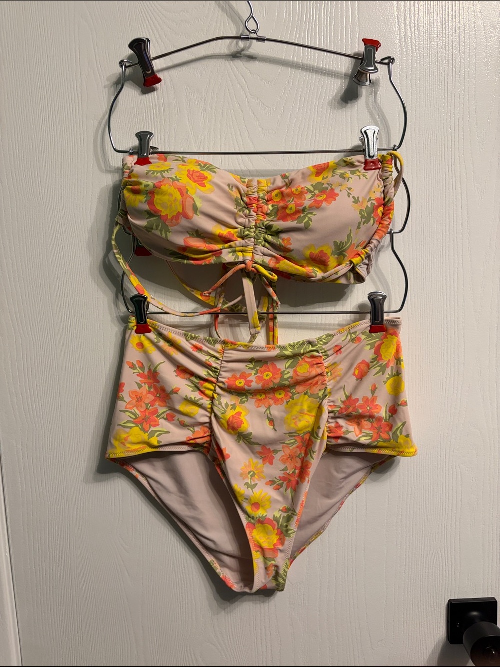 aerie Floral Bandeau Bikini Set -Coral,Yellow & Cream high waisted bottom size L